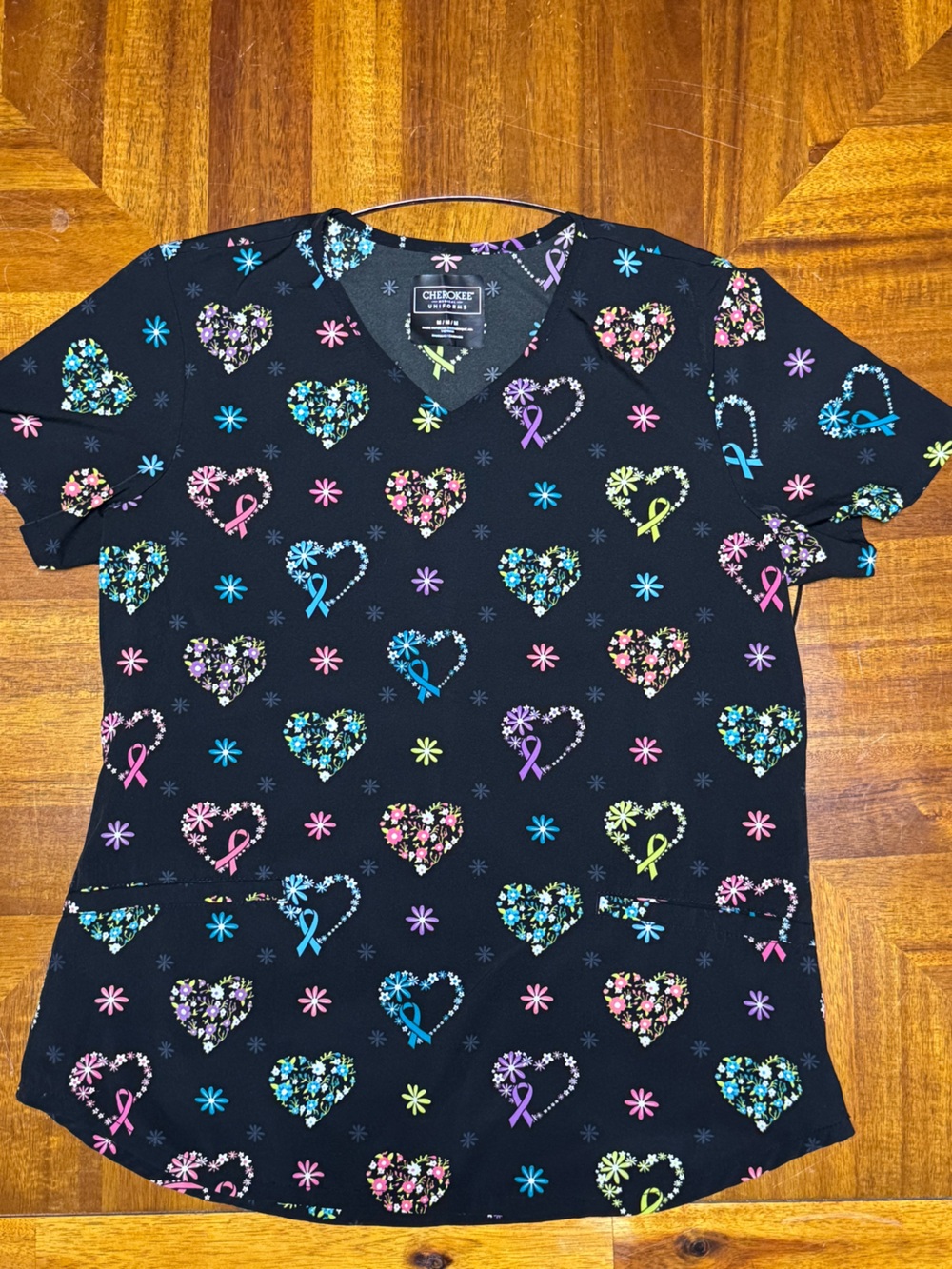 Cherokee Black women’s scrub Top with Multicolor Heart & Ribbon Print